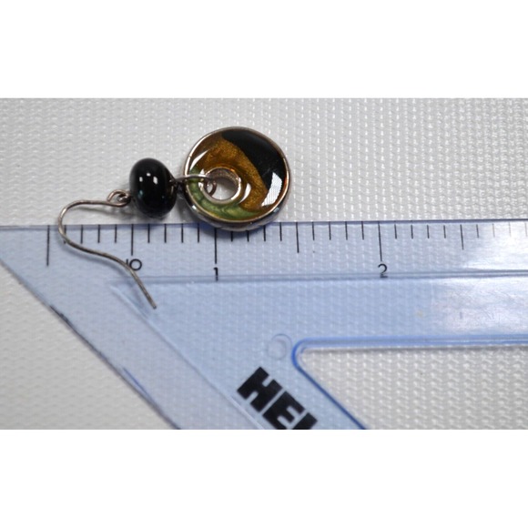 Silver Tone Hook Dangle Pierced Earrings Enamel Coated‎ Ring w/ Black Bead 1.5" - Picture 7 of 7